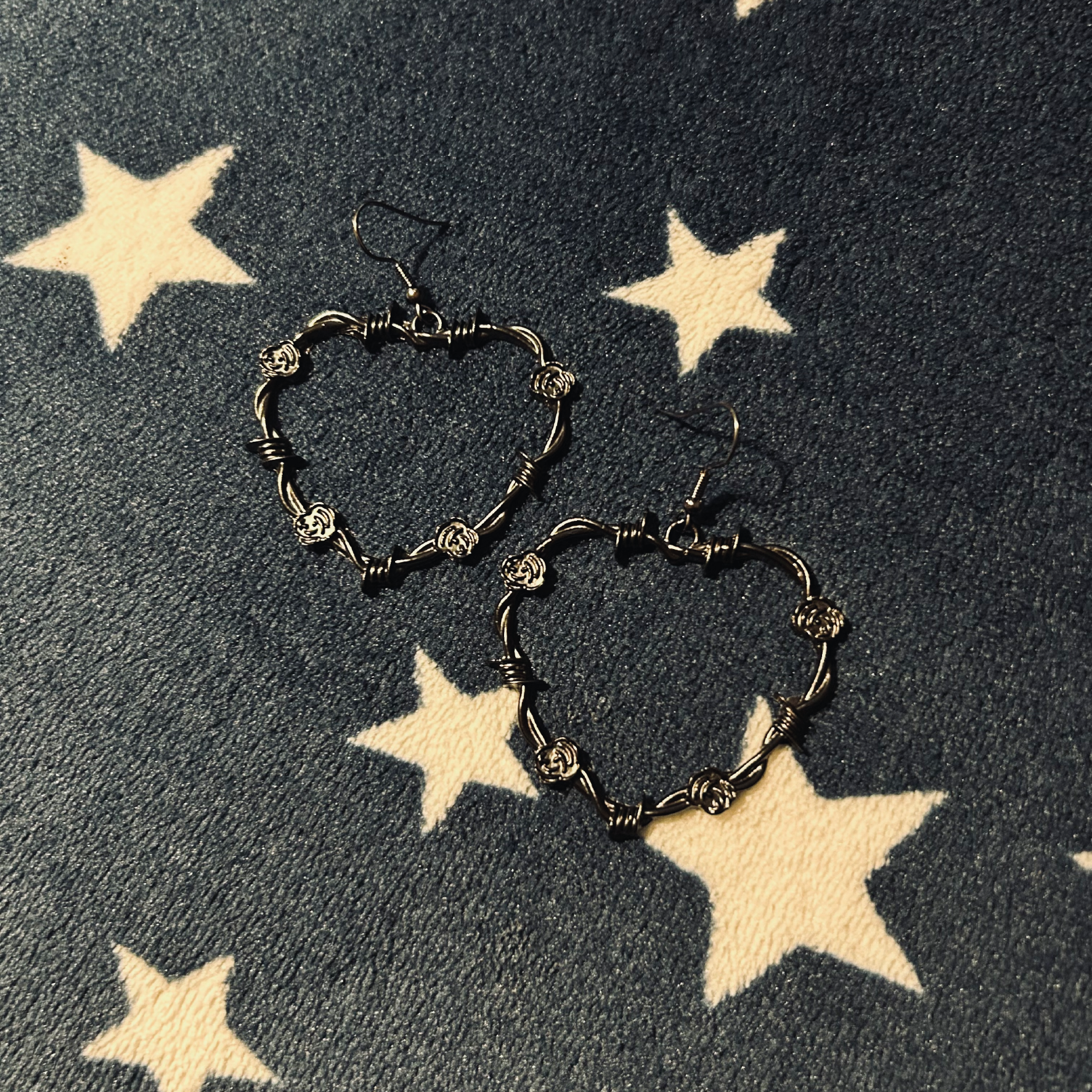 Large Barbed Wire Hearts and Rose Earrings