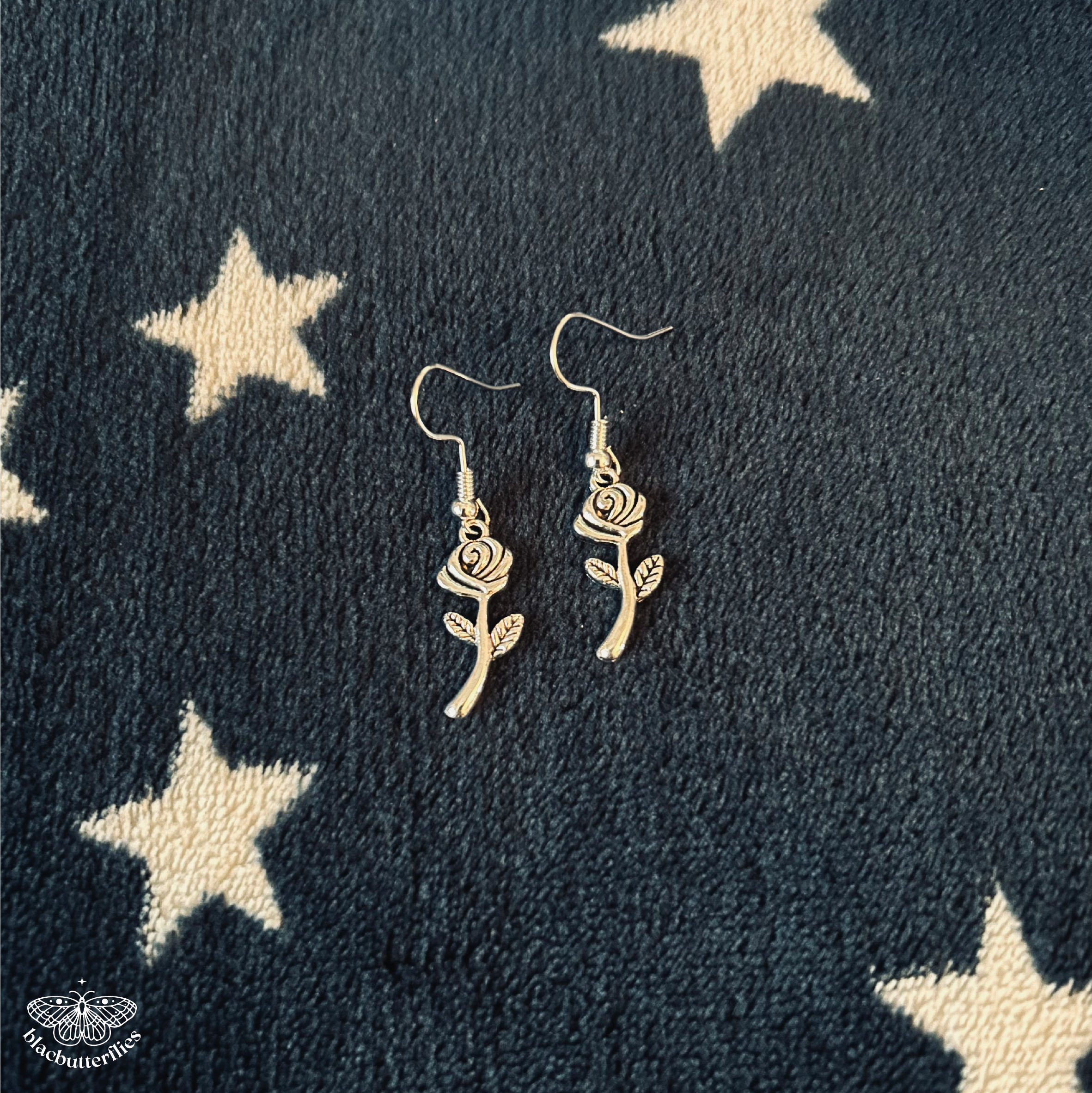Silver Rose with Stem Earrings
