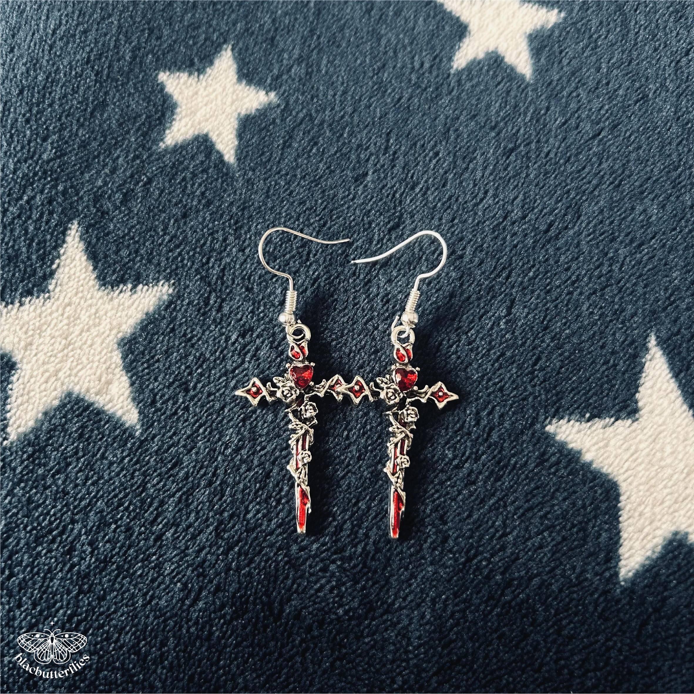 Gothic Cross with Red Gems Earrings