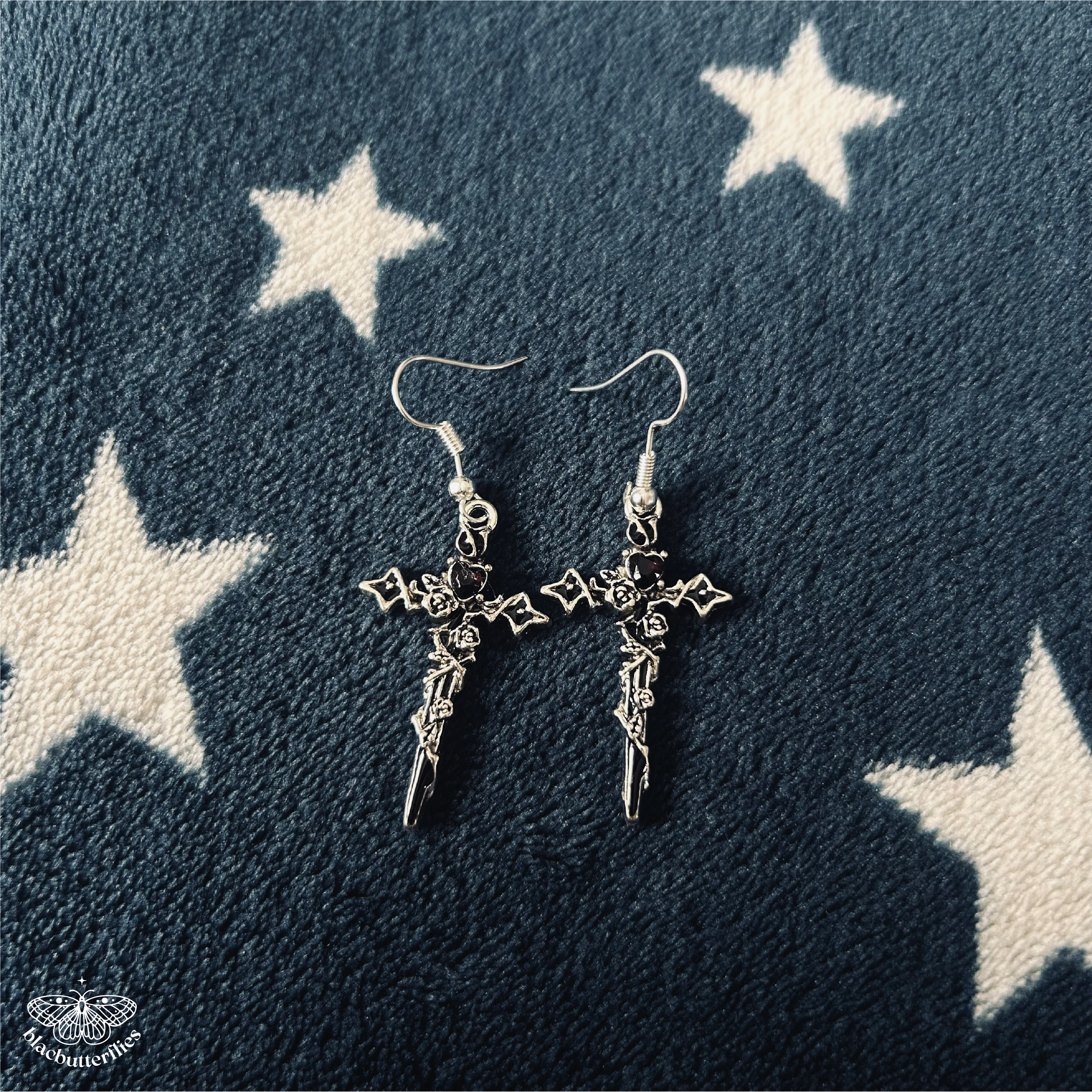 Gothic Cross with Black Gems Earrings