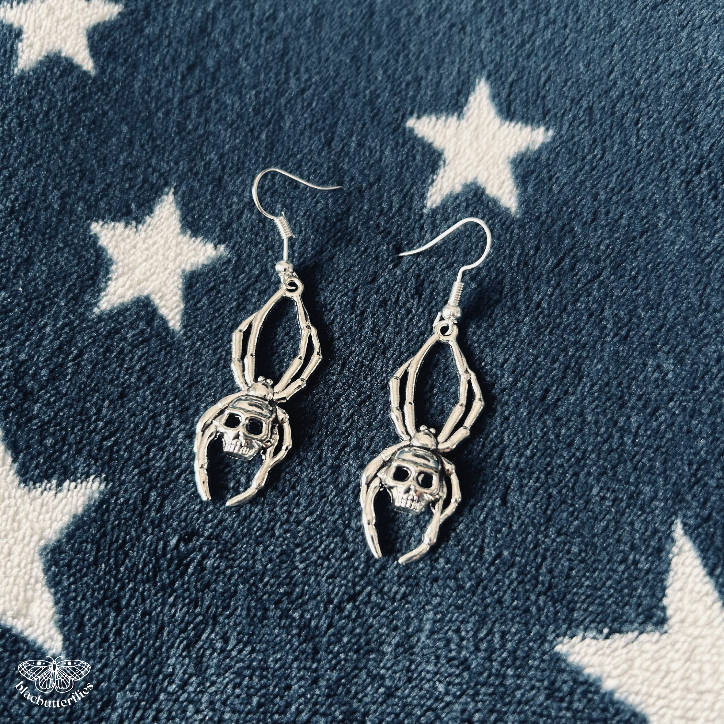 Spider Skull Silver Earrings