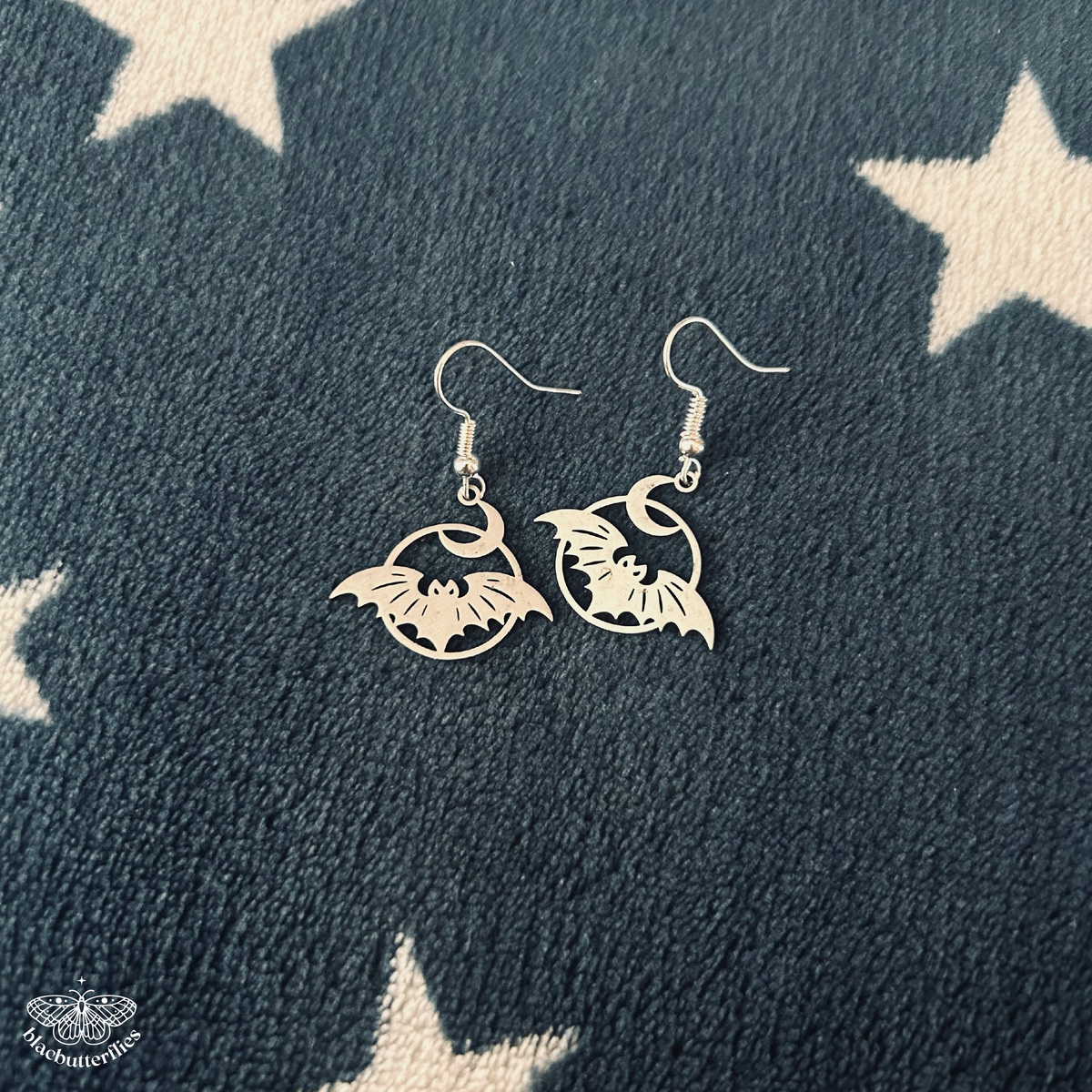 Silver Bat & Moon Earrings