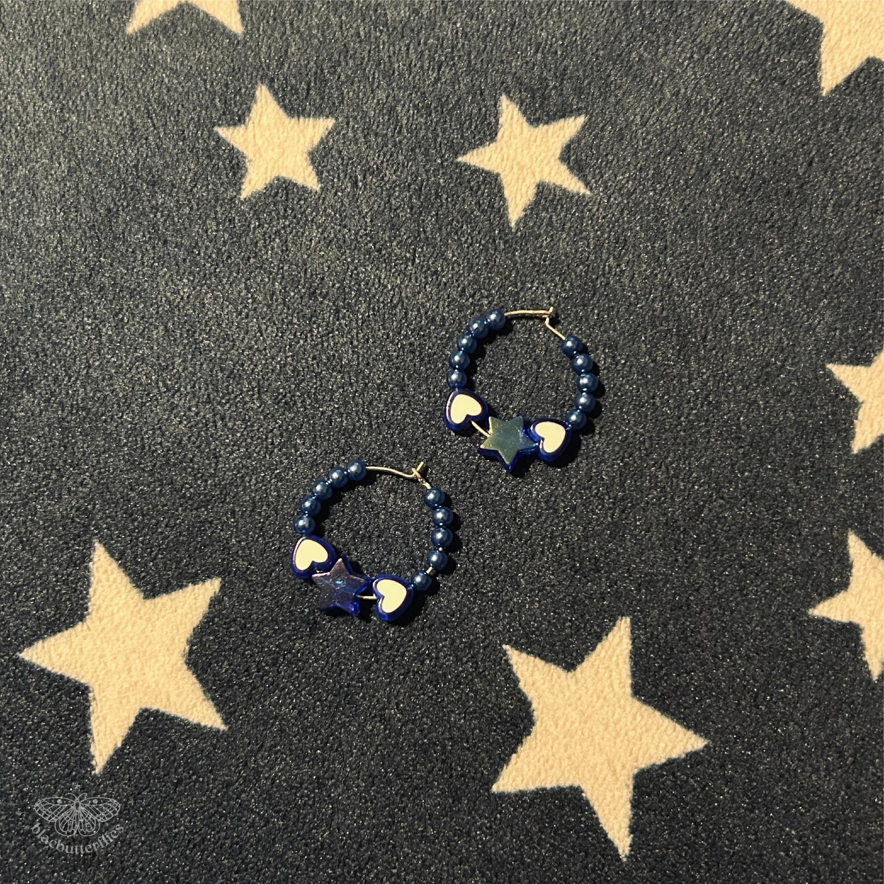 Dark Blue Beaded Hoop Earrings