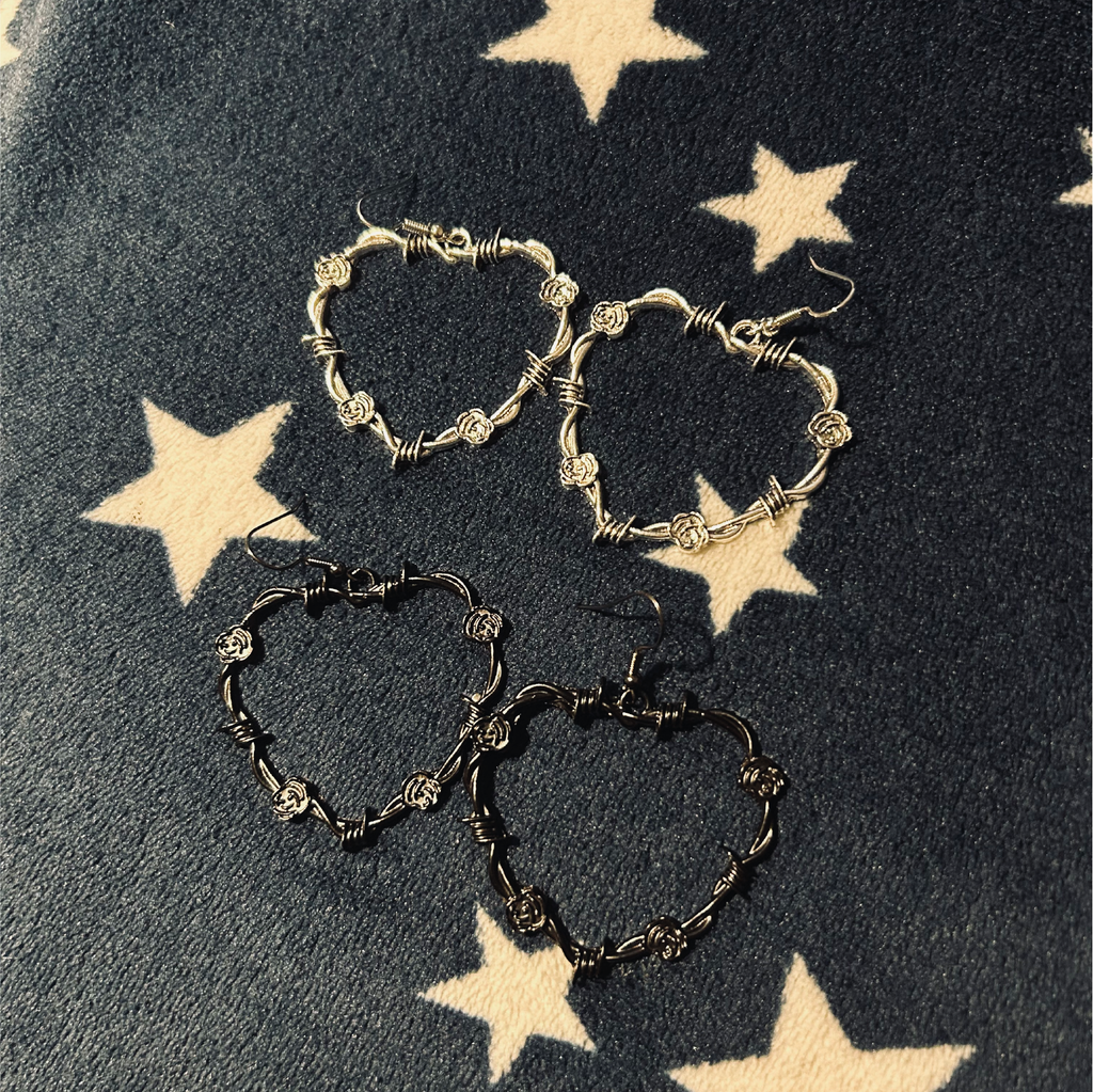 Large Barbed Wire Hearts and Rose Earrings