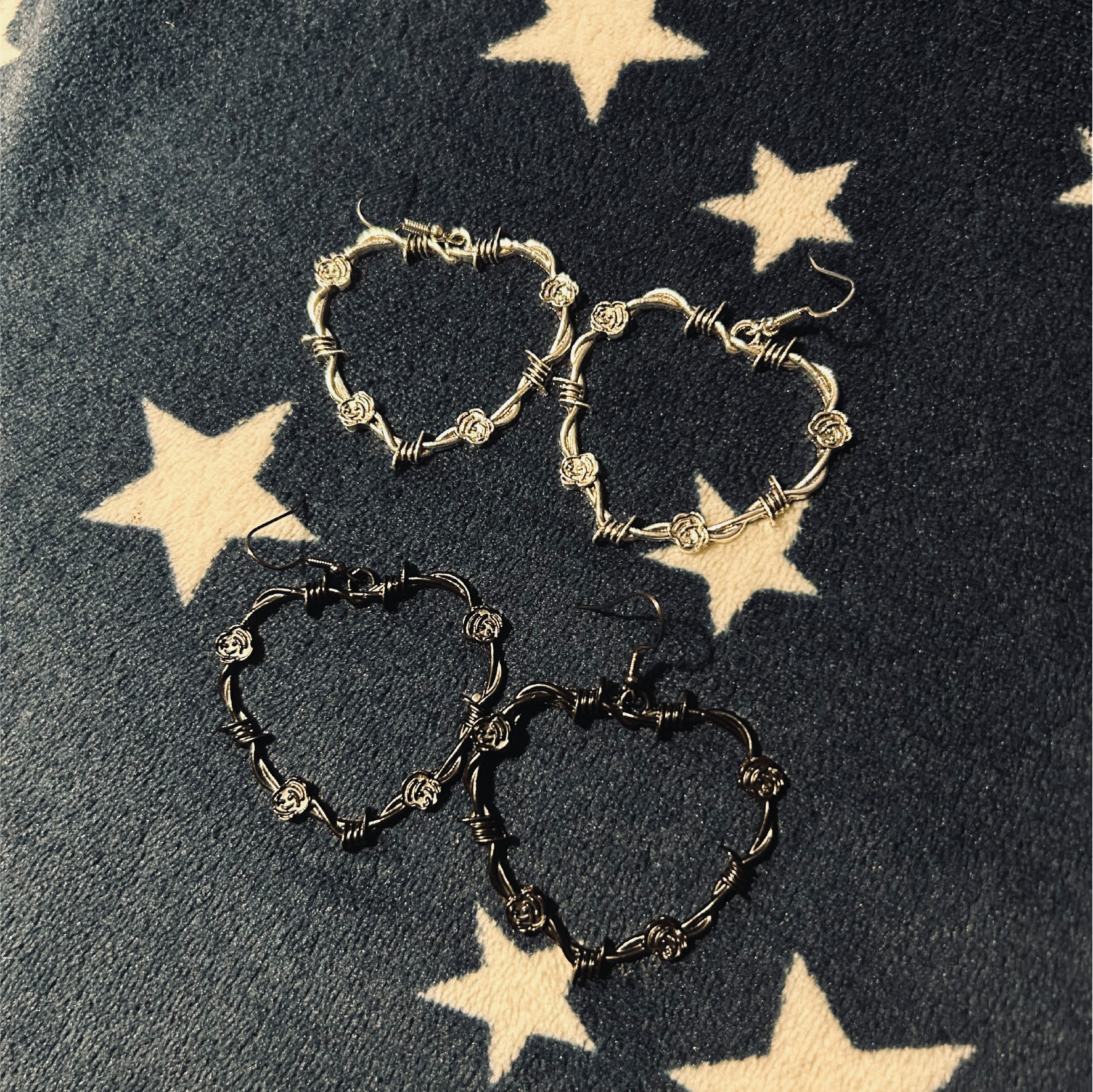 Large Barbed Wire Hearts and Rose Earrings