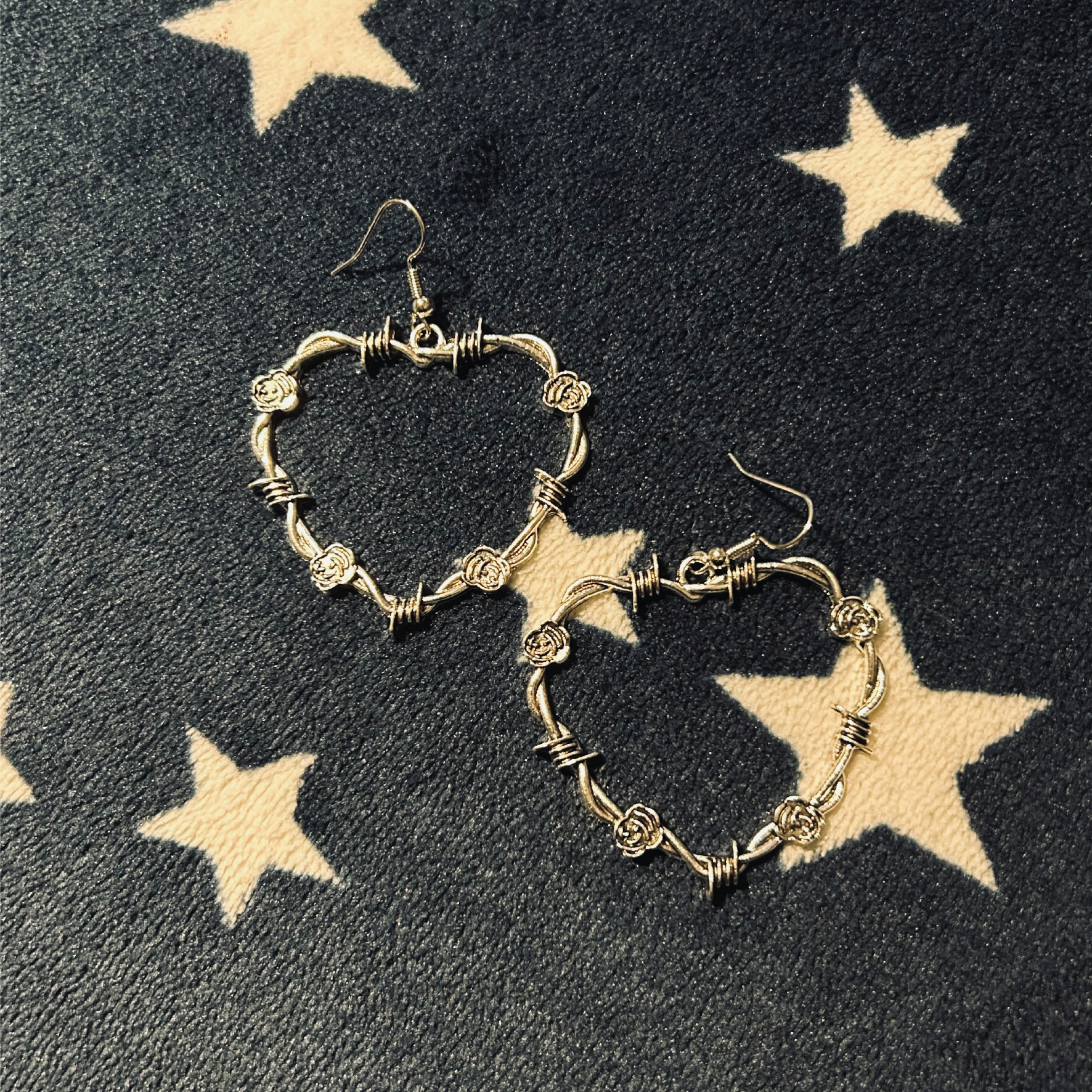 Large Barbed Wire Hearts and Rose Earrings
