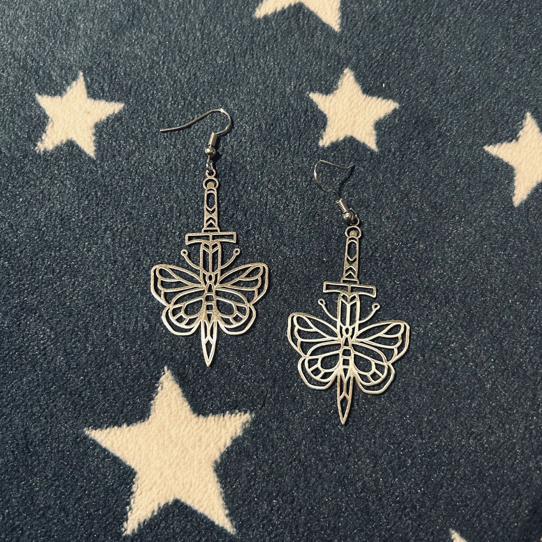 Butterfly Sword Outline Silver Earrings