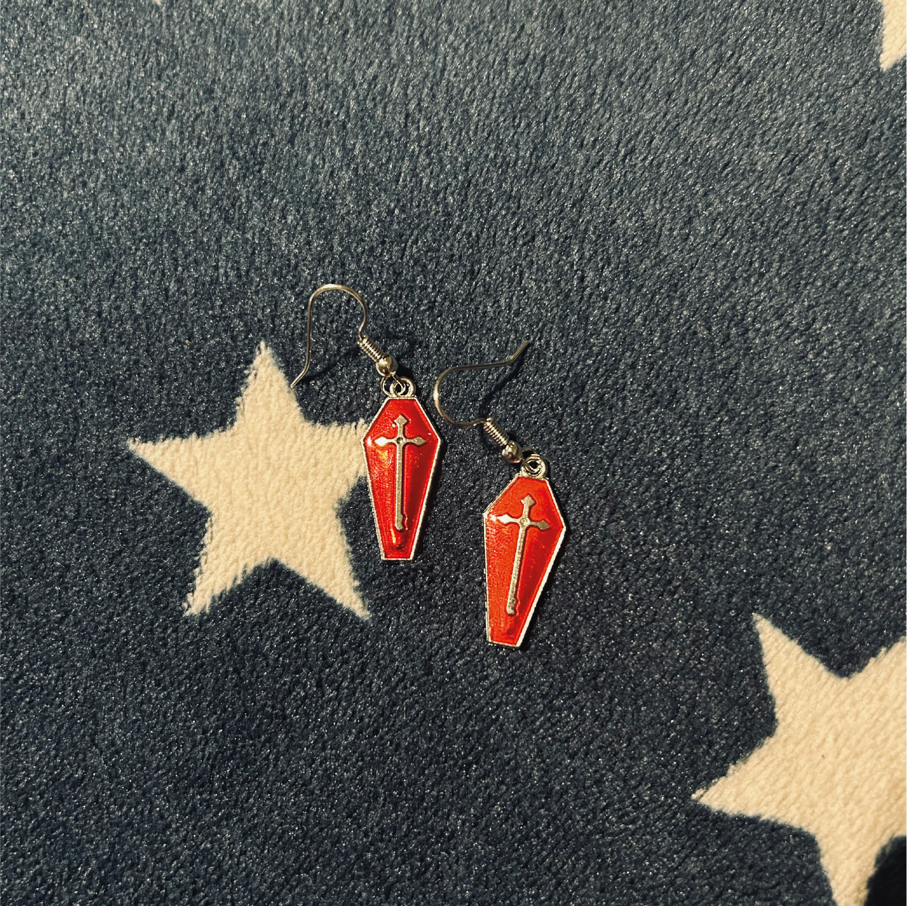 Silver and Red Coffin Earrings