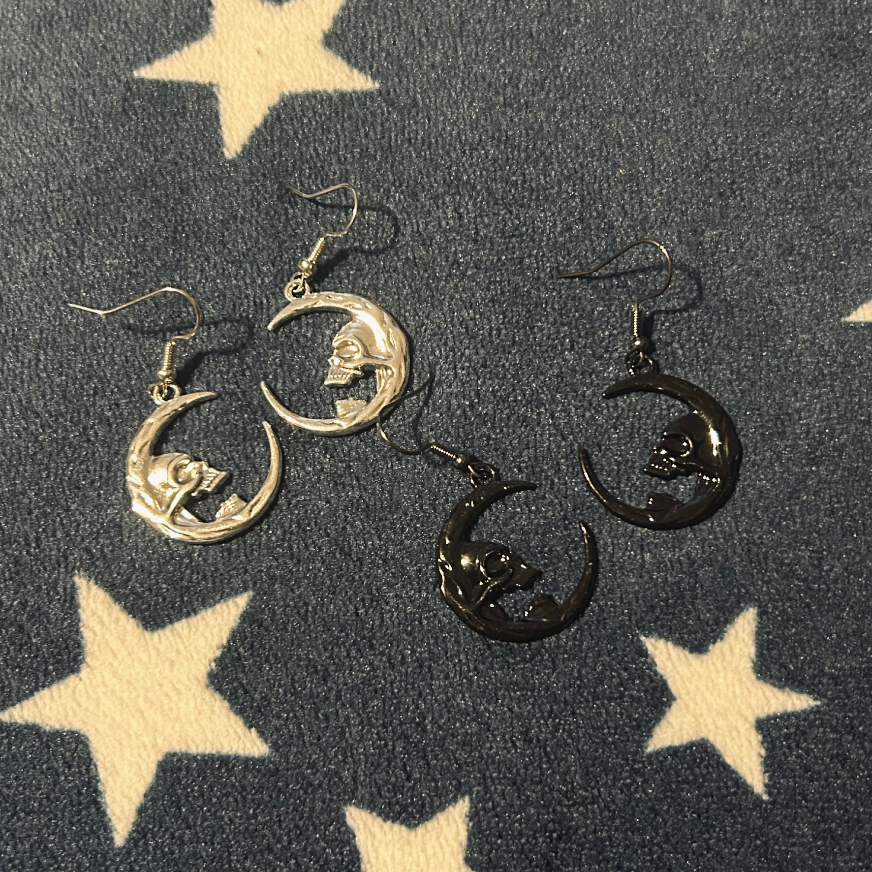 Skull Crescent Moon Earrings - Silver / Black