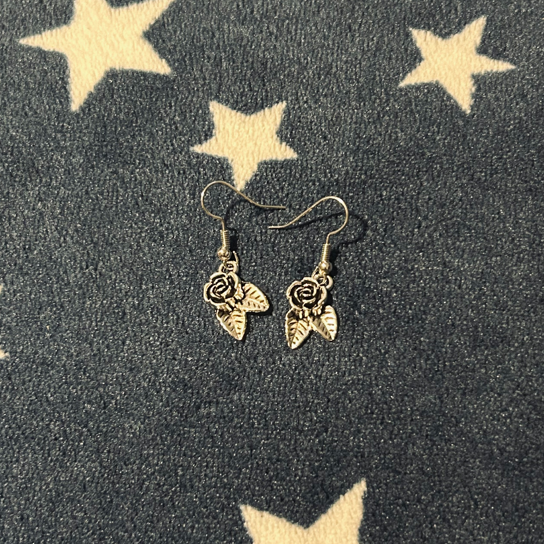 Mini Rose with Leaf Silver Earrings