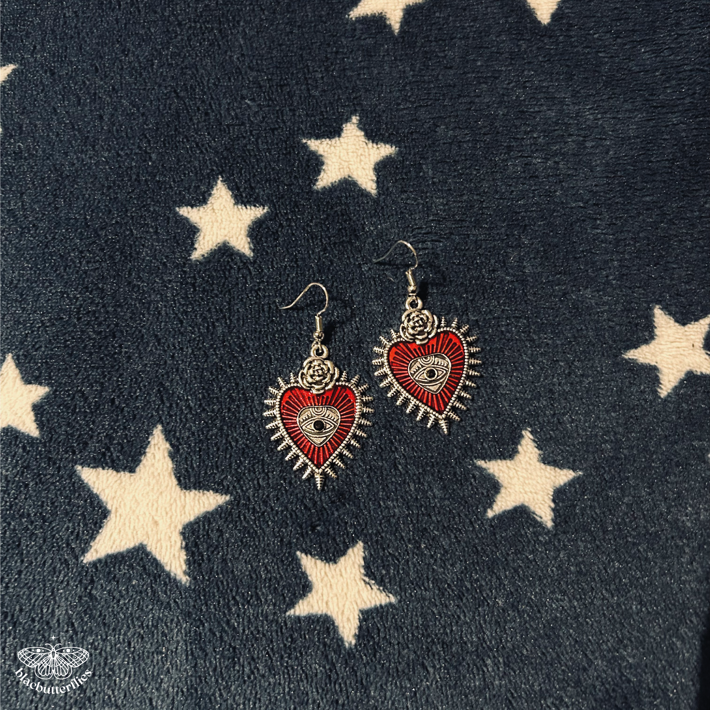 Flower Heart Eye Red Earrings